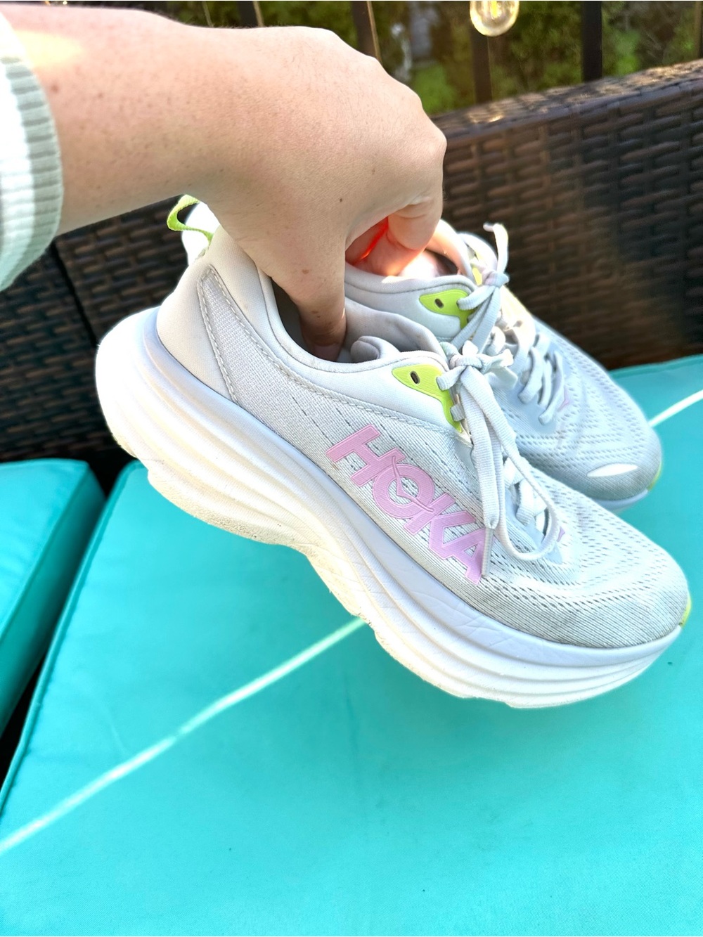 Hoka Women's Light Blue Sneakers with Pink Logo and Lime Accents